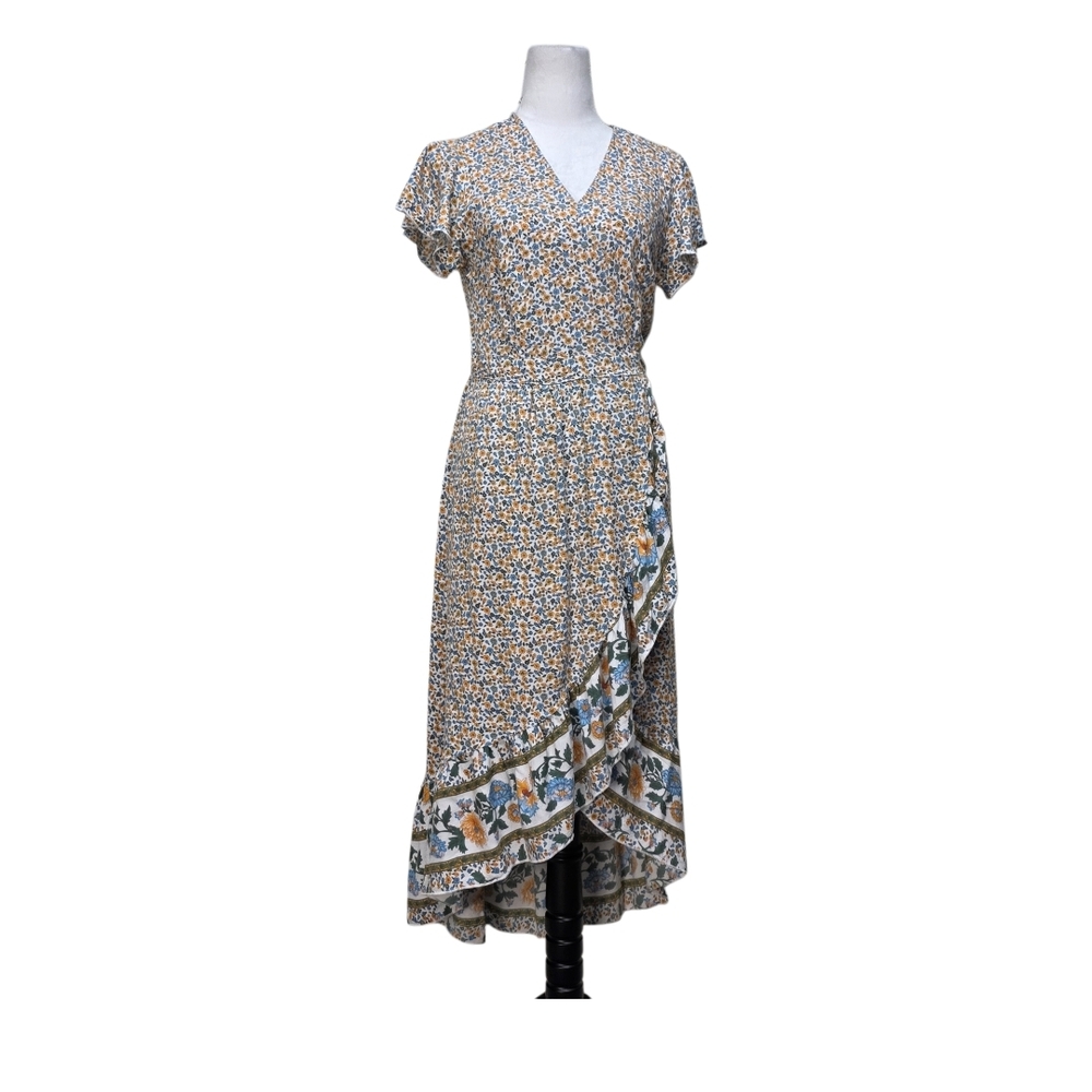 Zesica Floral High Low Wrap Dress with Flutter Sleeves | Size Medium